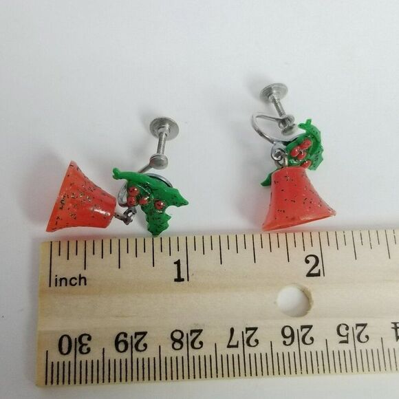 Vintage Christmas Bells Jewelry Set, Brooch Clip On Earrings, Red Green Holiday - Picture 5 of 8